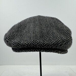 Chaps Mens Herringbone Flat Cap Newsboy Hat Wool Polyester Black Gray S/M